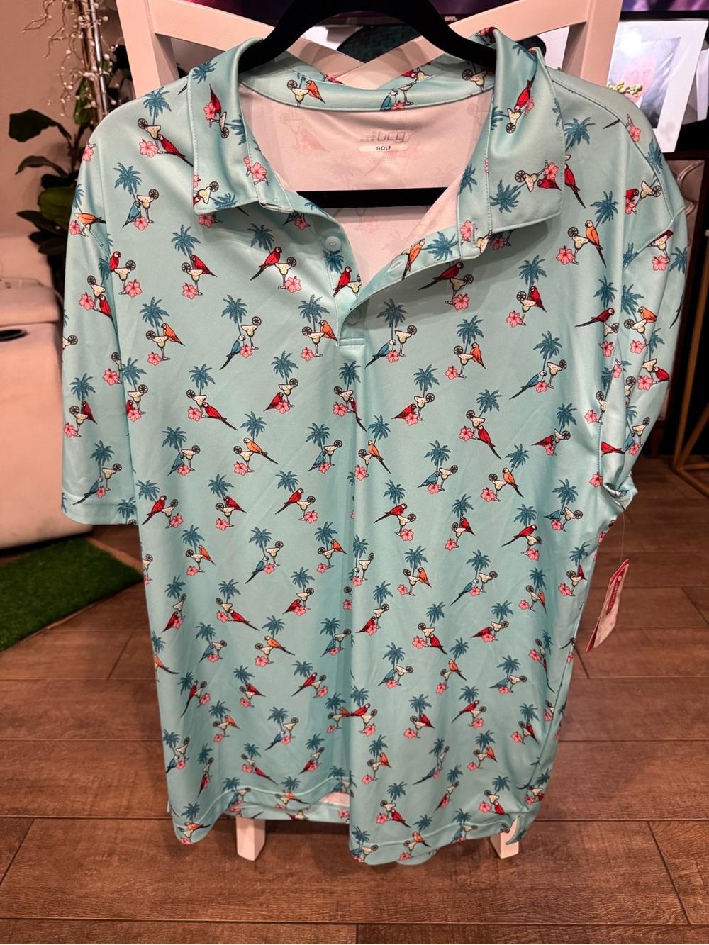 NWT BCG Light Blue Tropical Parrot Print Polo